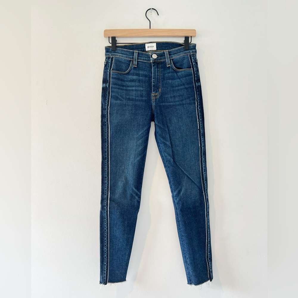 Hudson Barbara High Rise Skinny Jeans Side Stripe Crop Distressed Raw‎ Hem 26